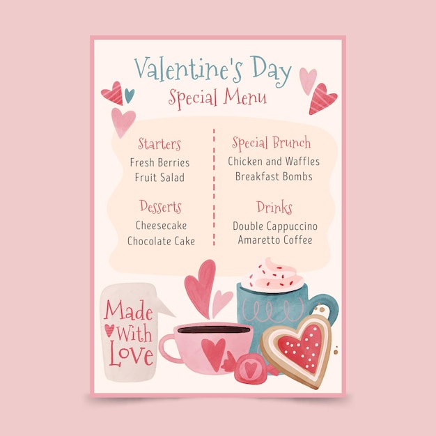 Watercolor valentine's day menu template Free Vector