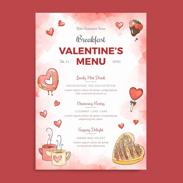 Free Vector | Watercolor valentines day menu template