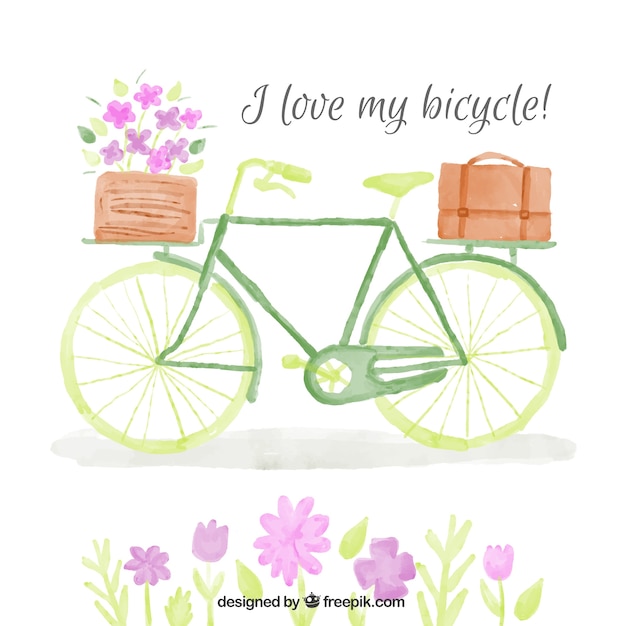 Watercolor vintage bicycle with basket and\
flowers background