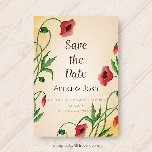 Watercolor wedding invitation with cute flowers Free Vector