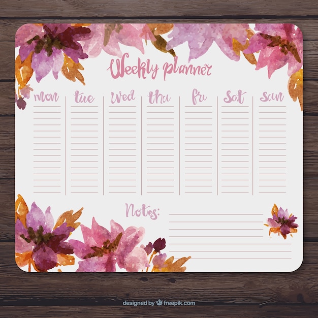 Free Vector Watercolor weekly planner with pink flowers