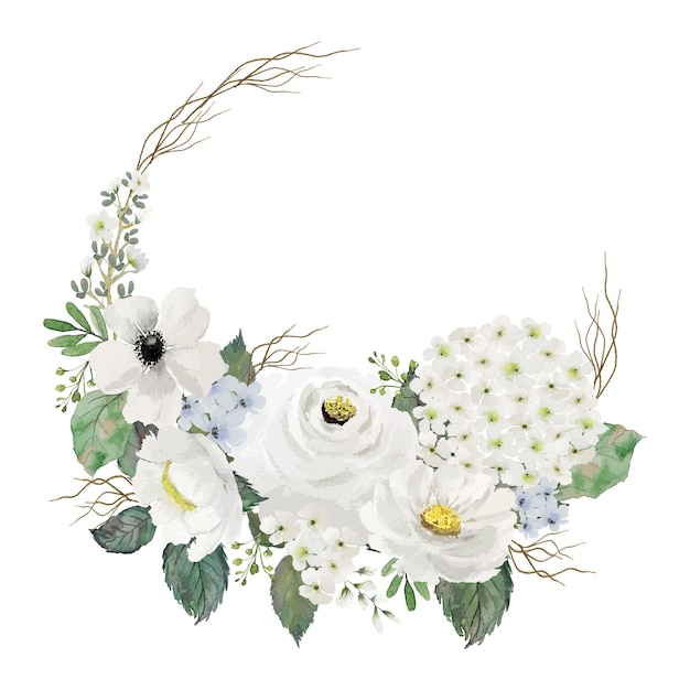 Premium Vector Watercolor White Flowers And Green Leaves Bouquet With Partial Circle Branch Frame