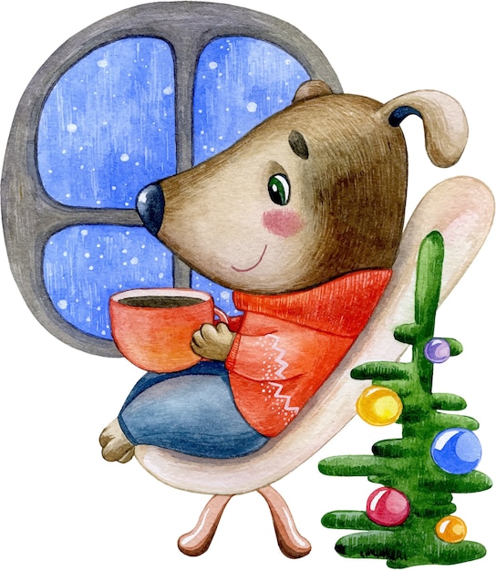 水彩冬のクリスマスイラスト窓際のお茶を飲む赤いセーターでかわいいわんわん プレミアムベクター