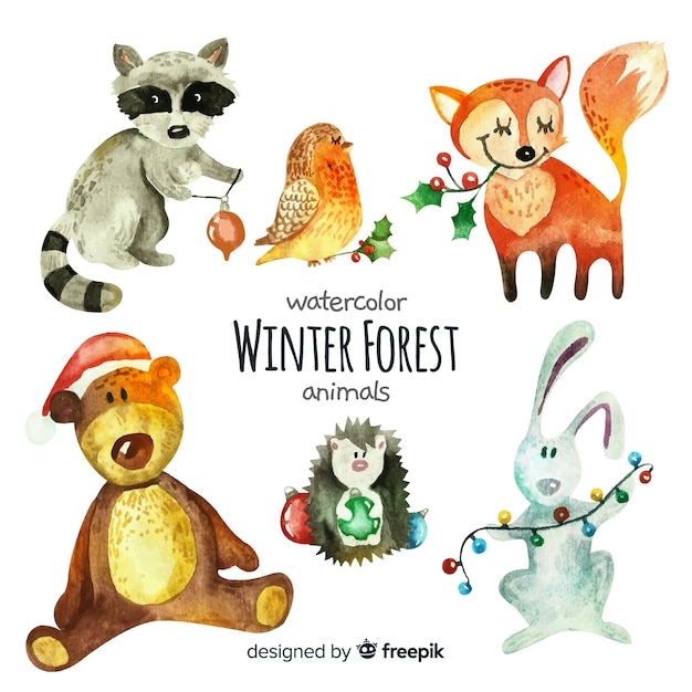 水彩冬の森動物コレクション 無料のベクター