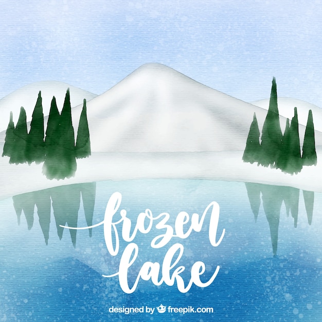 Watercolor winter landscape with froken\
lake