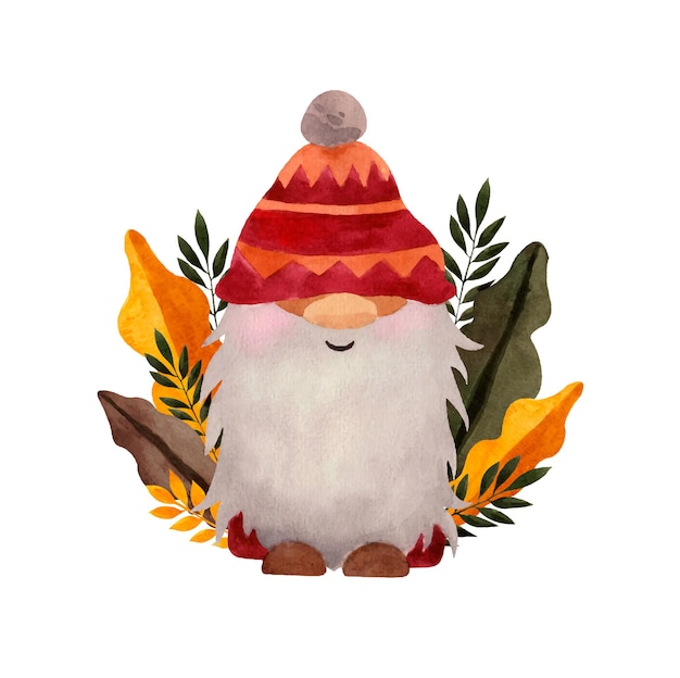 Download Premium Vector Watercolor Winter Nordic Gnome In Red Cloth With Leaves