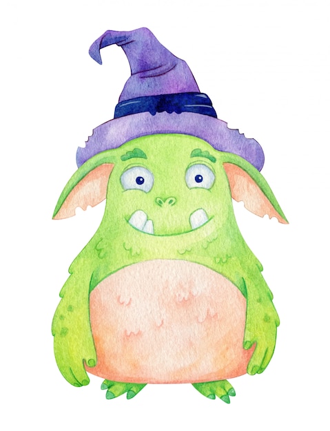 水彩魔女モンスター キッズデザインの魔女帽子のかわいい緑のキャラクター プレミアムベクター