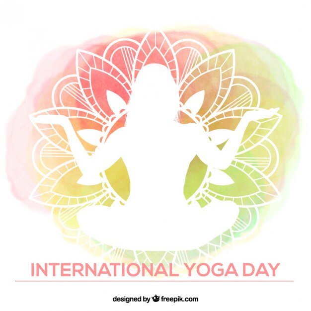 Watercolor yoga background with white\
silhouette