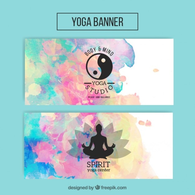 Watercolor yoga banners with yin yang symbol
and silhouette