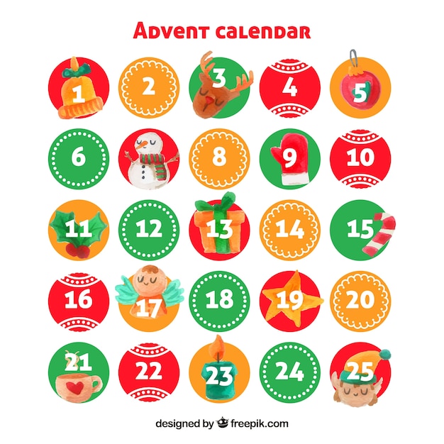 Free Vector | Watercolour advent calendar with round days