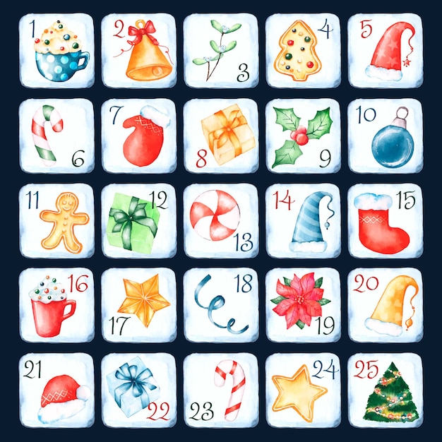 Watercolour advent calendar with traditional symbols Vector Free Download