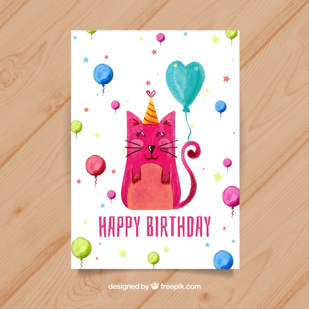 Watercolour birthday card with a cat