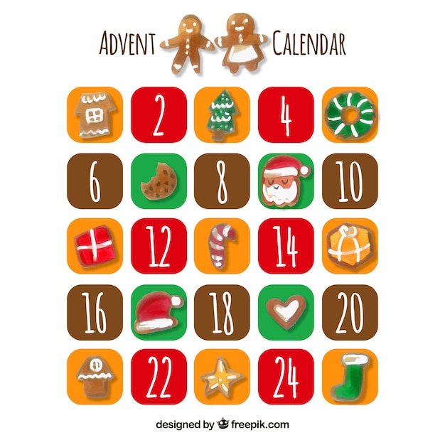 Free Vector | Watercolour calendar with gingerbread characters