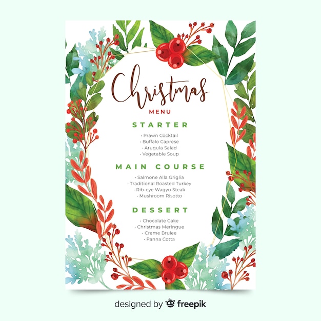 Watercolour christmas menu template and green leaves Free Vector