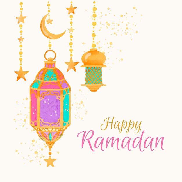 Watercolour happy ramadan and lamps | Free Vector