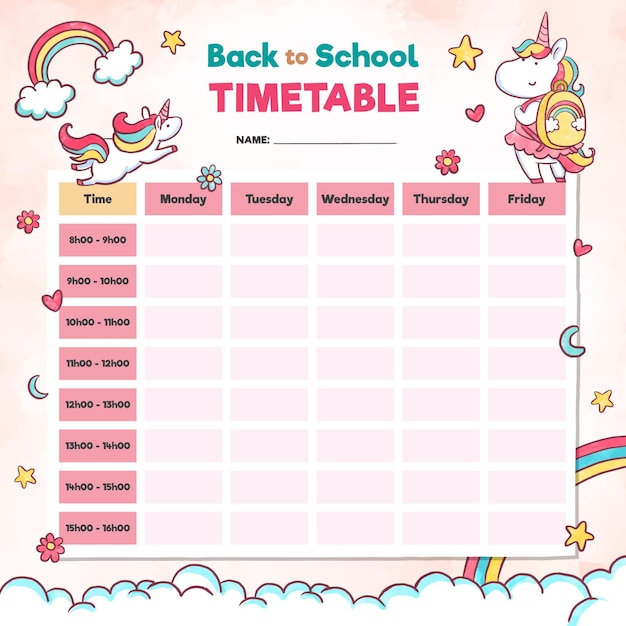 timetables chart cute unicorn