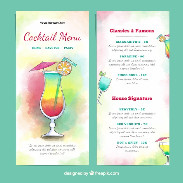Colorful cocktails menu template Free Vector - Beautiful Watercolor Design