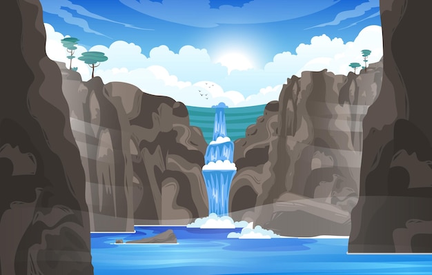 山の湖の平らなイラストに岩を投げる川の流れと滝の漫画の背景 無料のベクター
