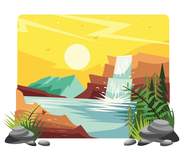 Premium Vector | Waterfall landscape vector illustration