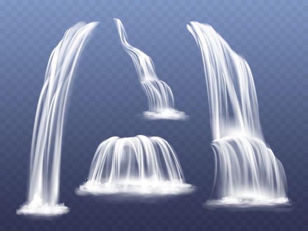 滝や水のカスケードイラスト 分離された現実的な流れるストリームのセット 無料のベクター
