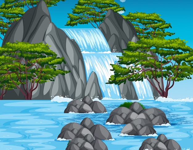 Premium Vector | Waterfall scene in the forest