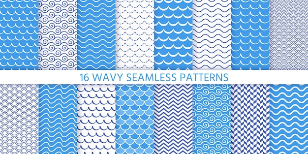 波のシームレスなパターン 青い波状の背景 ストライプ 潮 ローラーでテクスチャを設定します 海の幾何学的なプリント マリン 航海デザイン シンプルでモダンなイラスト プレミアムベクター
