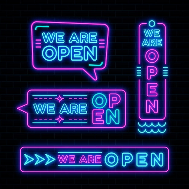 Free Vector We Are Open Neon Sign Set Design