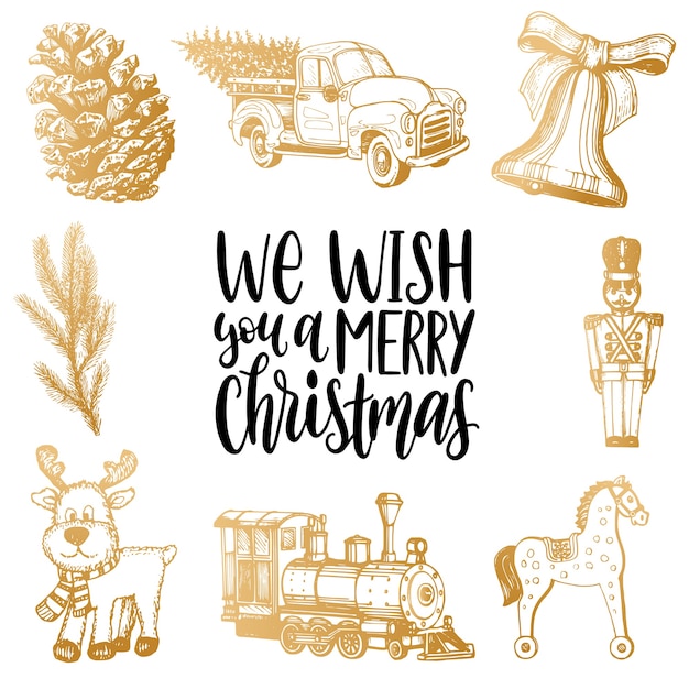 Premium Vector | We wish you a merry christmas lettering with hand drawn nativity toys