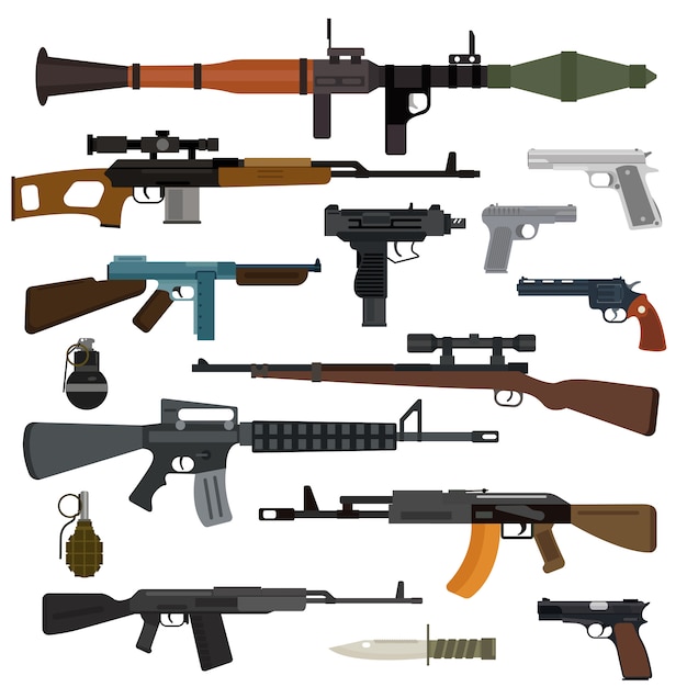 武器ベクトルコレクション ピストル 短機関銃 突撃銃および狙撃銃 ナイフ 手榴弾 プレミアムベクター