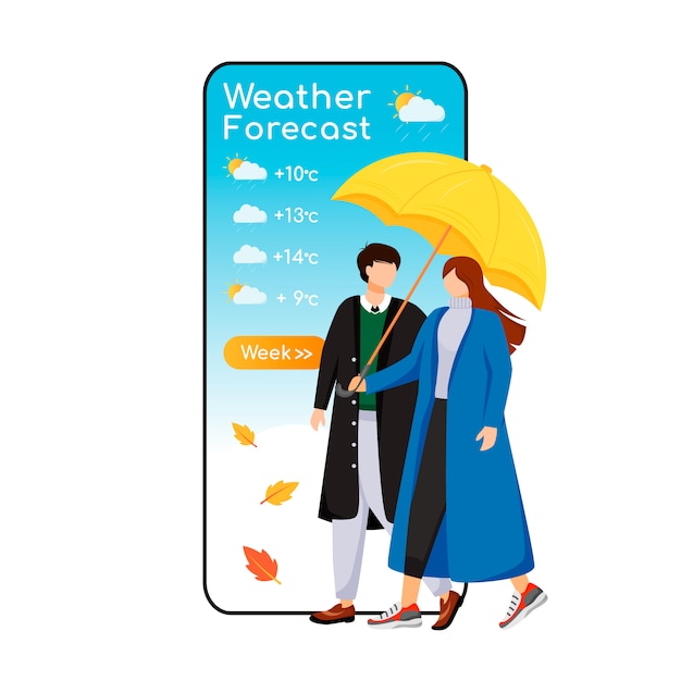 Download Weather forecast cartoon smartphone app screen. mobile phone display, flat character mockup ...