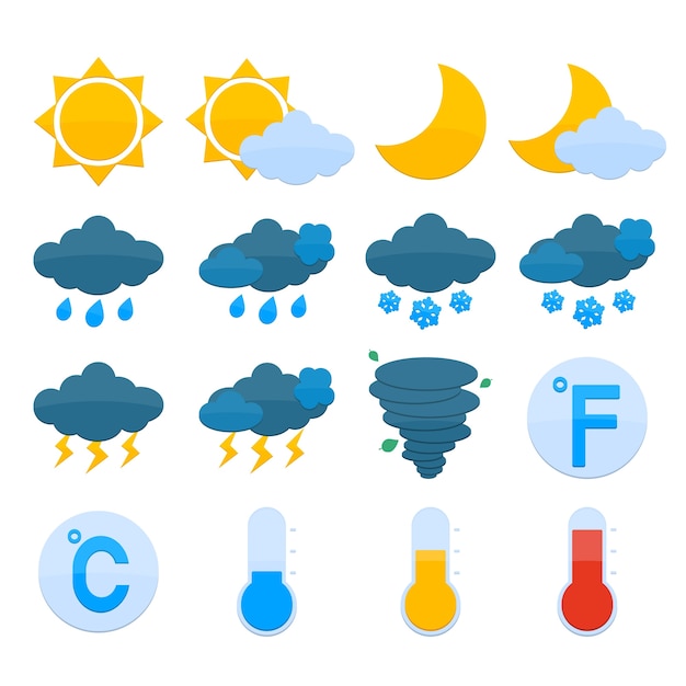 Weather forecast symbols color icons set of sun cloud rain snow ...