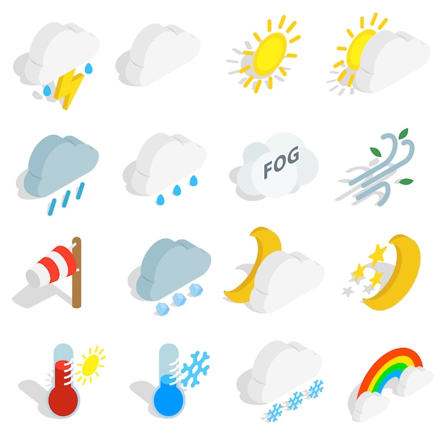 Weather icons set in isometric 3d style isolated on white background. vector illustration Premium Vector