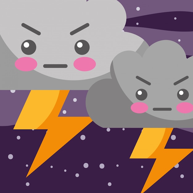 Weather kawaii thunder clouds cartoon | Premium Vector