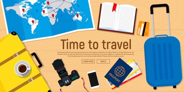 Web banner on the theme of travel. passport with tickets, photo camera, travel map, suitcase. Premium Vector
