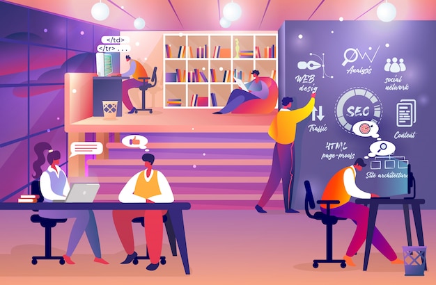 Web developers team at work. online startup group. Premium Vector