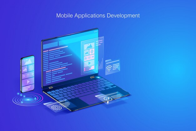 Web development, application design, coding and programming on laptop and smartphone concept with programming language and program code and layout on screen vector Premium Vector