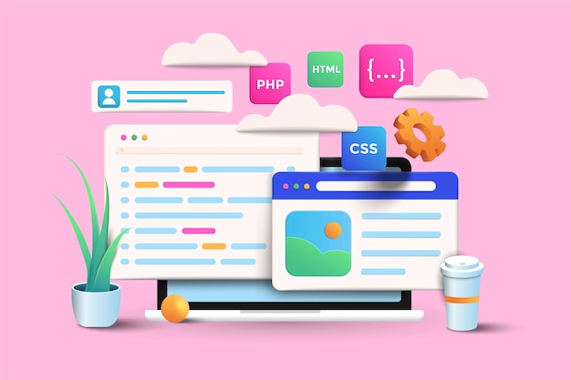  Web development and application design illustration on pink background