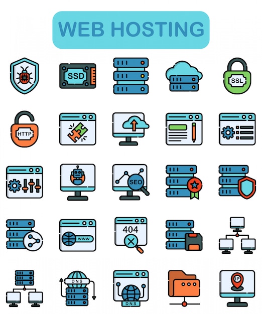 Download Web hosting icons set, lineal color style Vector | Premium Download