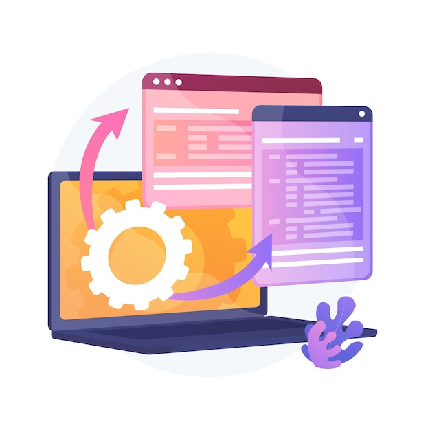 Web page visualization. protocol procedure. dynamic software workflow. full stack development, markup, administrate system. driver for shared memory. vector isolated concept metaphor illustration. Free Vector