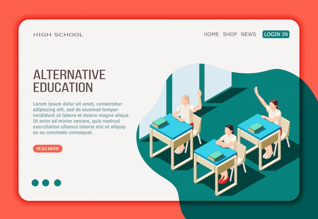 ボタンメニューと高校のクラスの女の子がいる代替教育等尺性ランディングwebページ 無料のベクター