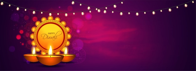 Website header or banner design with illuminated oil lamps (diya) and lighting garland decorated on brown background for happy diwali celebration. Premium Vector