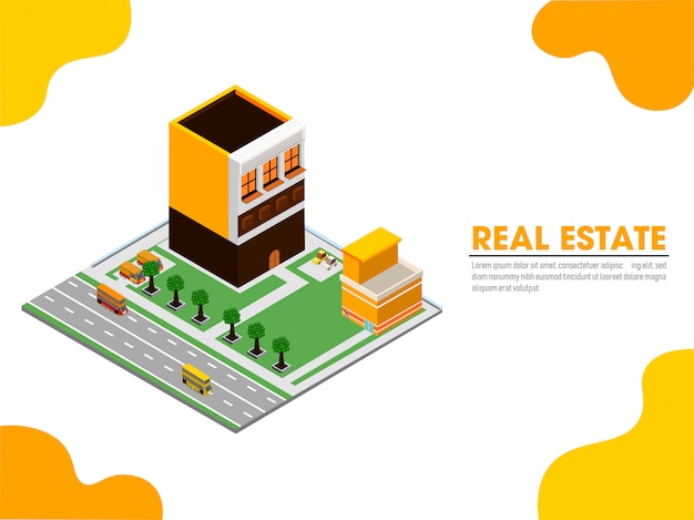 Website landing page with isometric view of real estate. Premium Vector