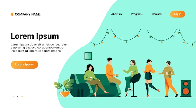 ウェブサイトのテンプレート ホームパーティーで幸せな友達のイラストとランディングページ分離フラットベクトルイラスト 無料のベクター