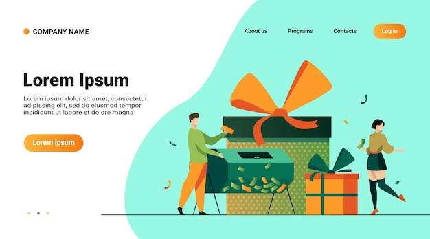 ウェブサイトのテンプレート ラッフルドラムとギフトボックス付きの宝くじ当選者のイラスト付きのランディングページ 無料のベクター