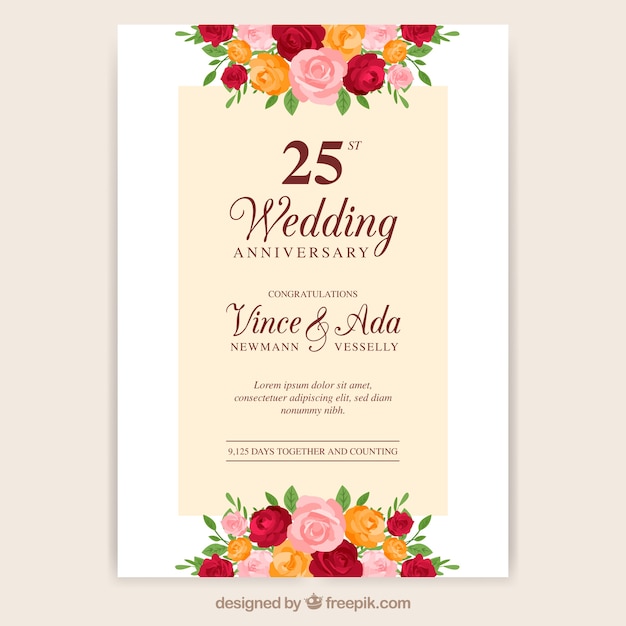 Free Vector Wedding Anniversary Card With Flowers