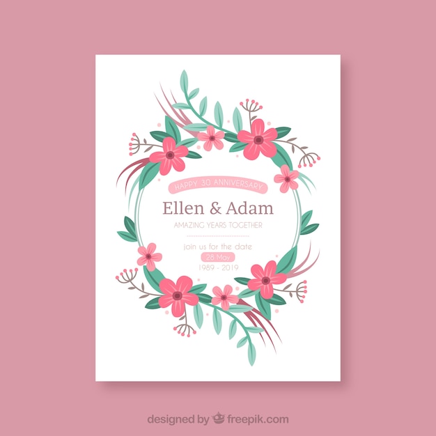 Free Vector Wedding Anniversary Card With Wreath Of Flowers