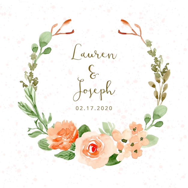 Wedding badge with pretty flower watercolor wreath Premium Vector