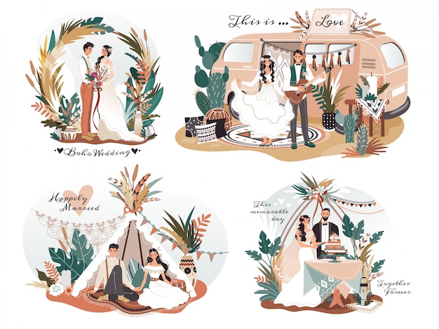 Wedding in boho style, romantic couple cartoon characters, illustration Premium Vector