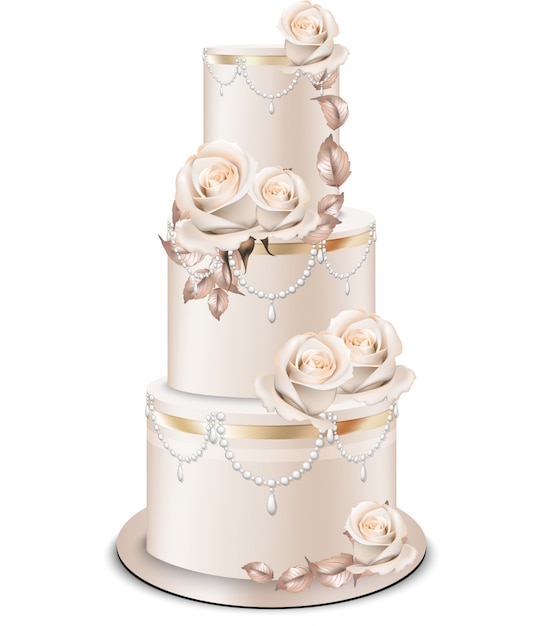 ウェディングケーキの金装飾とバラの花 プレミアムベクター