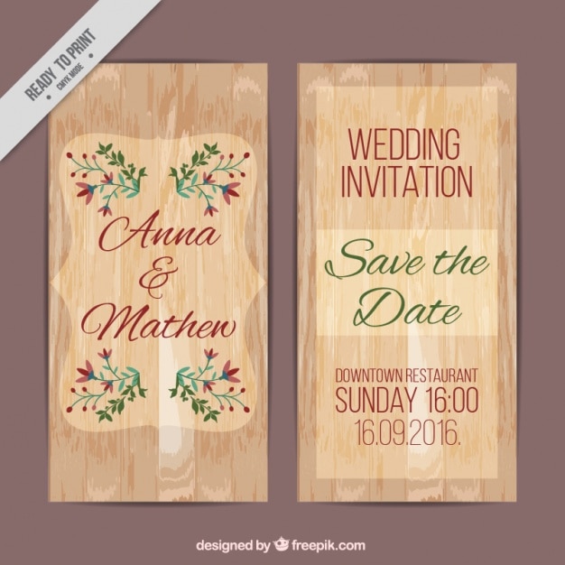 Wedding card of wood texture with floral\
details